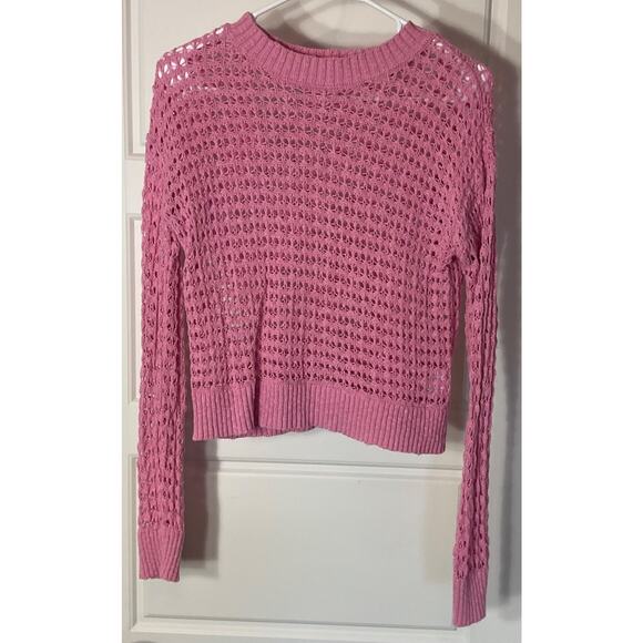 Sugar Moon Sweaters - Sugar Moon Pink Open Weave Cropped Long Sleeve Short Crochet Cotton Sweater XS